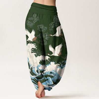 Buddha Stones Cotton Crane Cloud Wave Pattern Women's Elastic Waist Harem Pants - image 7