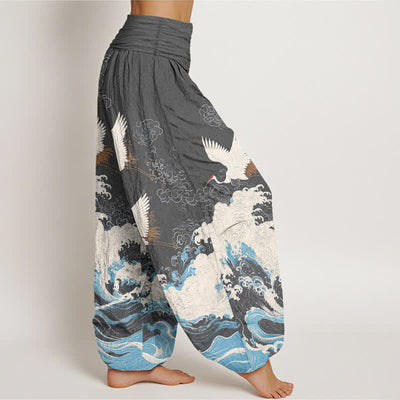 Buddha Stones Cotton Crane Cloud Wave Pattern Women's Elastic Waist Harem Pants - image 9