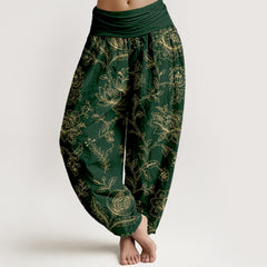Buddha Stones Cotton Golden Floral Vine Pattern Women's Elastic Waist Harem Pants - DarkGreen - US16，UK/AU20，EU48 (3XL) - image 0