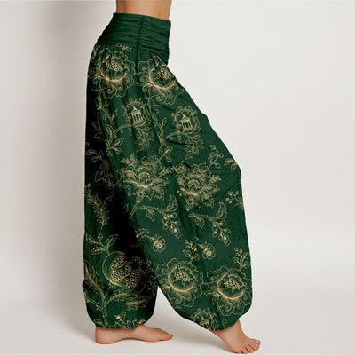 Buddha Stones Cotton Golden Floral Vine Pattern Women's Elastic Waist Harem Pants - image 1