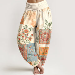 Buddha Stones Cotton Bohemian Floral Patchwork Pattern Women's Elastic Waist Harem Pants - Ivory - US16，UK/AU20，EU48 (3XL) - image 0