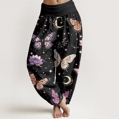 Buddha Stones Cotton Butterfly Moon Lotus Pattern Women's Elastic Waist Harem Pants - Black - US16，UK/AU20，EU48 (3XL) - image 0