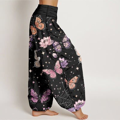 Buddha Stones Cotton Butterfly Moon Lotus Pattern Women's Elastic Waist Harem Pants - image 1