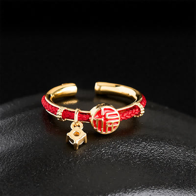 Buddha Stones Red String Round Fu Character Luck Open Ring - image 2