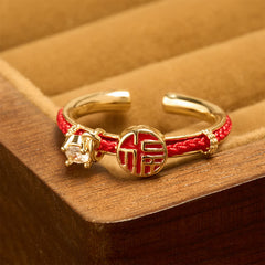 Buddha Stones Red String Round Fu Character Luck Open Ring - Gold Ring (US8) - image 0