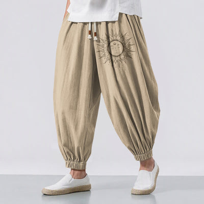 Buddha Stones Pure Cotton Sun Face Pattern Drawstring Men's Harem Pants With Pockets - BurlyWood - US/UK/AU50，EU60 (5XL) - image 0