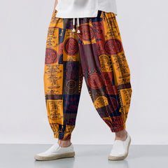 Buddha Stones Pure Cotton Tribal Medallion Patchwork Pattern Drawstring Men's Harem Pants With Pockets - Goldenrod - US/UK/AU50，EU60 (5XL) - image 0