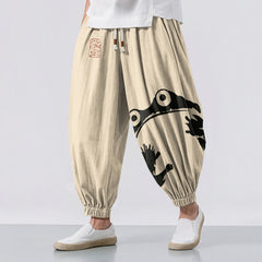 Buddha Stones Pure Cotton Playful Frog Pattern Drawstring Men's Harem Pants With Pockets - Beige - US/UK/AU50，EU60 (5XL) - image 0