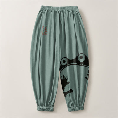 Buddha Stones Pure Cotton Playful Frog Pattern Drawstring Men's Harem Pants With Pockets - image 14