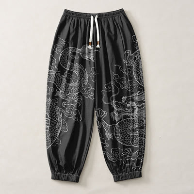 Buddha Stones Pure Cotton Dragon Cloud Pattern Drawstring Men's Harem Pants With Pockets - image 1