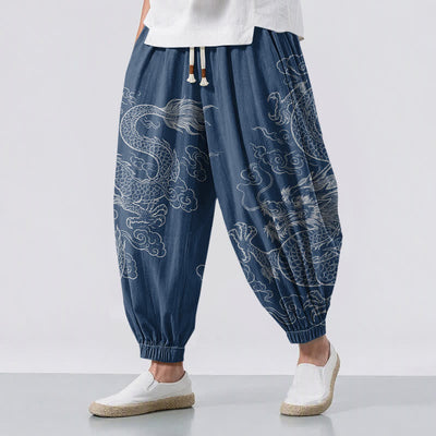 Buddha Stones Pure Cotton Dragon Cloud Pattern Drawstring Men's Harem Pants With Pockets - SteelBlue - US/UK/AU50，EU60 (5XL) - image 6