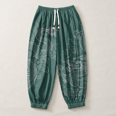 Buddha Stones Pure Cotton Dragon Cloud Pattern Drawstring Men's Harem Pants With Pockets - image 13