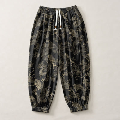 Buddha Stones Pure Cotton Mythic Dragon Auspicious Clouds Pattern Drawstring Men's Harem Pants With Pockets - image 1