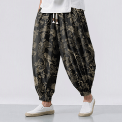 Buddha Stones Pure Cotton Mythic Dragon Auspicious Clouds Pattern Drawstring Men's Harem Pants With Pockets - Black - US/UK/AU50，EU60 (5XL) - image 0