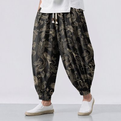 Buddha Stones Pure Cotton Mythic Dragon Auspicious Clouds Pattern Drawstring Men's Harem Pants With Pockets - Black - US/UK/AU50，EU60 (5XL) - image 0