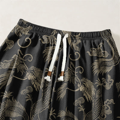 Buddha Stones Pure Cotton Mythic Dragon Auspicious Clouds Pattern Drawstring Men's Harem Pants With Pockets - image 3