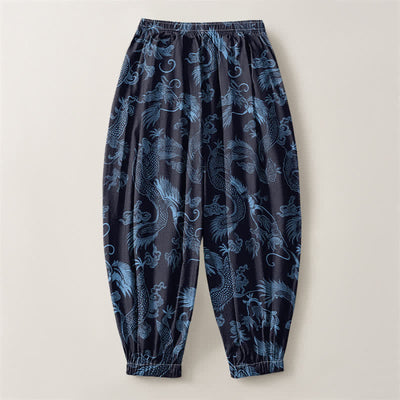 Buddha Stones Pure Cotton Mythic Dragon Auspicious Clouds Pattern Drawstring Men's Harem Pants With Pockets - image 8