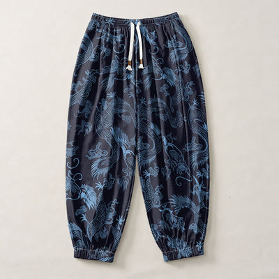 Buddha Stones Pure Cotton Mythic Dragon Auspicious Clouds Pattern Drawstring Men's Harem Pants With Pockets - image 7