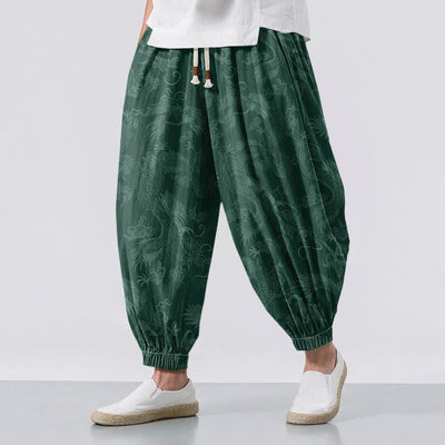 Buddha Stones Pure Cotton Mythic Dragon Auspicious Clouds Pattern Drawstring Men's Harem Pants With Pockets - ForestGreen - US/UK/AU50，EU60 (5XL) - image 12