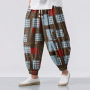 Foviel Pure Cotton Vintage Patchwork Plaid Pattern Drawstring Men's Harem Pants With Pockets