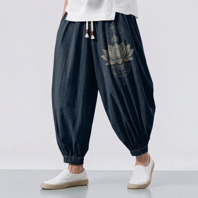 Buddha Stones Pure Cotton Golden Lotus Mandala Geometry Pattern Drawstring Men's Harem Pants With Pockets - Navy - US/UK/AU50，EU60 (5XL) - image 6
