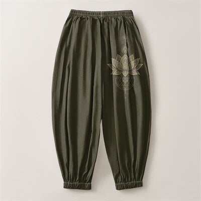Buddha Stones Pure Cotton Golden Lotus Mandala Geometry Pattern Drawstring Men's Harem Pants With Pockets - image 14