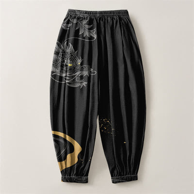 Buddha Stones Pure Cotton Eastern Dragon Pattern Drawstring Men's Harem Pants With Pockets - image 2