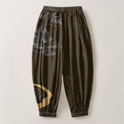 Buddha Stones Pure Cotton Eastern Dragon Pattern Drawstring Men's Harem Pants With Pockets - image 14