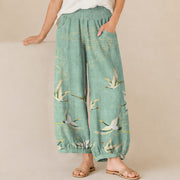 Foviel Cotton Oriental Crane & Cloud Pleated Harem Pants
