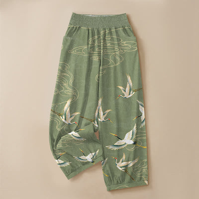 Buddha Stones Cotton Oriental Crane Cloud Pattern Pleated Elastic Waist Women's Harem Pants With Pockets - image 9
