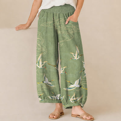 Buddha Stones Cotton Oriental Crane Cloud Pattern Pleated Elastic Waist Women's Harem Pants With Pockets - PaleGreen - US16，UK/AU20，EU48 (3XL) - image 6
