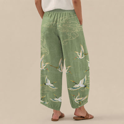 Buddha Stones Cotton Oriental Crane Cloud Pattern Pleated Elastic Waist Women's Harem Pants With Pockets - image 8