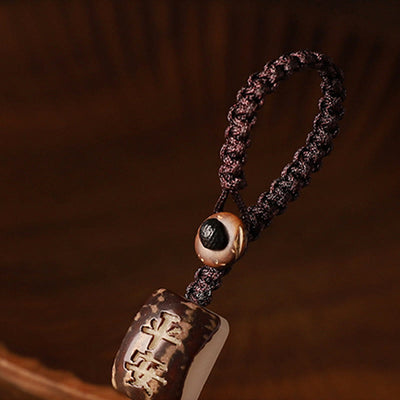 Porte-clés rotatif de protection Foviel en bois de santal rouge à petites feuilles et bois de santal vert, motif sac d'argent et Om Mani Padme Hum, décoration à suspendre pour téléphone