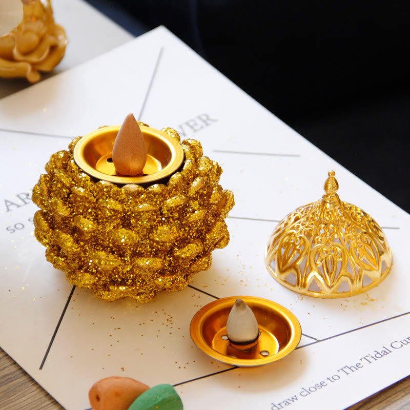 Buddha Stones Gold Pine Cone Pattern Spiritual Rituals Mini Incense Burner Home Tabletop Decor Incense Burner BS 6