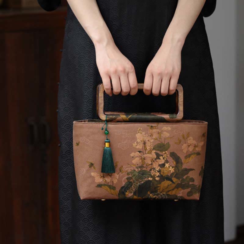 Buddha Stones Vintage Brown Flowers Green Bamboo Leaves Wood Handles Zipper Handbag Handbags BS 2