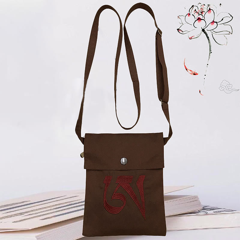 Buddha Stones Handmade OM Mantra Embroidered Spiritual Mind Practice Cotton Crossbody Bag Shoulder Bag Cellphone Bag Bag BS Brown Mantra Spiritual Practice Shoulder Bag
