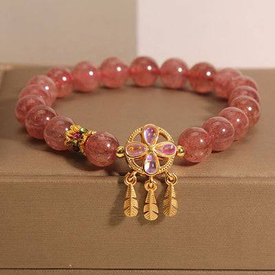 Buddha Stones Natural Strawberry Quartz Four Leaf Clover Dreamcatcher Charm Love Bracelet Bracelet BS Strawberry Quartz(Wrist Circumference 14-16cm)