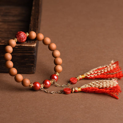 Buddha Stones Tibetan Natural Peach Wood Cinnabar PiXiu Wealth Tassels Bracelet Bracelet BS 4