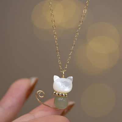 Buddha Stones 14K Gold Plated Pearl Hetian Jade Shell Luck Cat Kitten Necklace Pendant Necklaces & Pendants BS Normal 14K Gold Plated Pearl&Hetian Jade