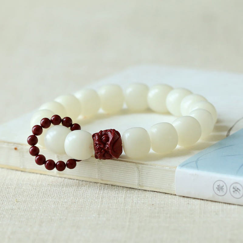 Buddha Stones Natural Bodhi Seed Cinnabar Dancing Lion Charm Wisdom Harmony Wrist Mala Wrist Mala BS 1