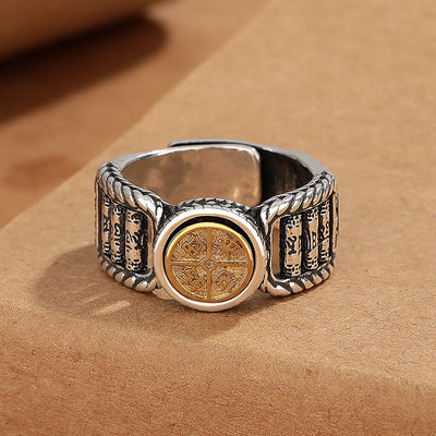 Buddha Stones Tibetan Om Mani Padme Hum Carved Design Copper Coin Purity Rotatable Ring Ring BS 1