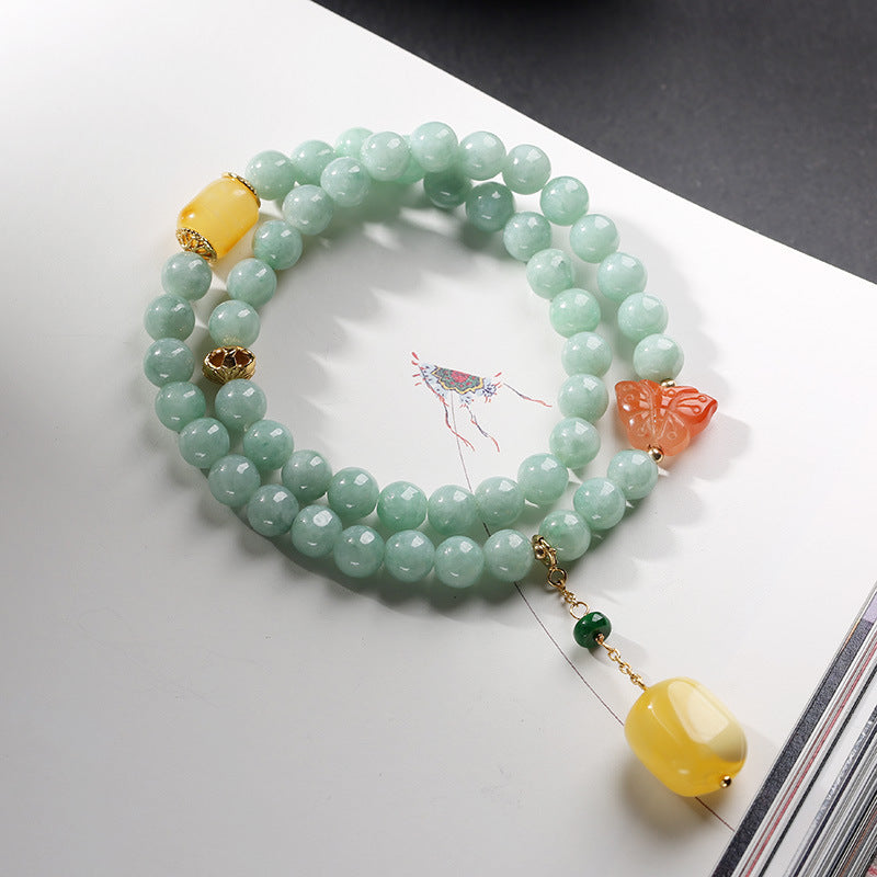 Buddha Stones 925 Sterling Silver Natural Jade Amber Butterfly Luck Abundance Bracelet Bracelet BS 1