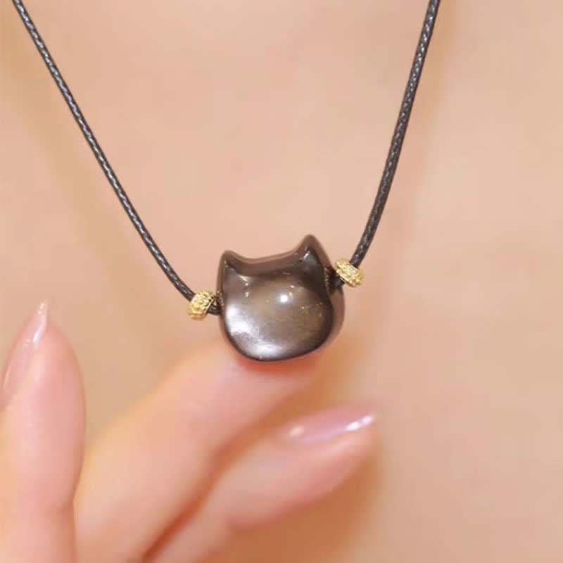 Foviel Gold Sheen Obsidian Silver Sheen Obsidian Lovely Paw Lucky Cat Protection Bracelet