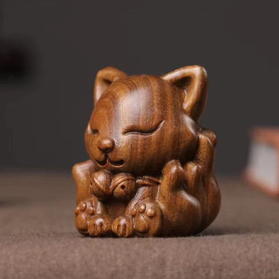 Buddha Stones Mini Nine-Tailed Fox Ivory Fruit Sandalwood Green Sandalwood Blessing Decoration Decorations BS 13