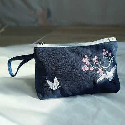 Buddha Stones Small Flower Plum Cherry Crane Peach Blossom Embroidery Canvas Wallet Shopping Purse Purse BS 18
