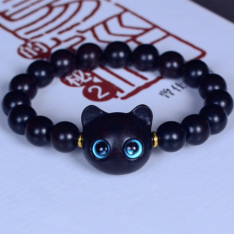 Buddha Stones Ebony Wood Liuli Glass Lovely Cat Peace Balance Bracelet Bracelet BS Ebony 10mm*15 Beads(Wrist Circumference 14-16cm)