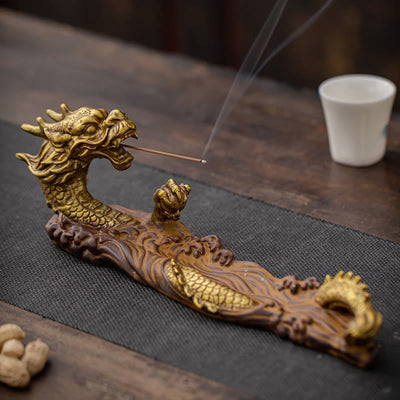 Buddha Stones Dragon Protection Ceramic Stick Incense Burner Decoration Incense Burner BS Gold Brown
