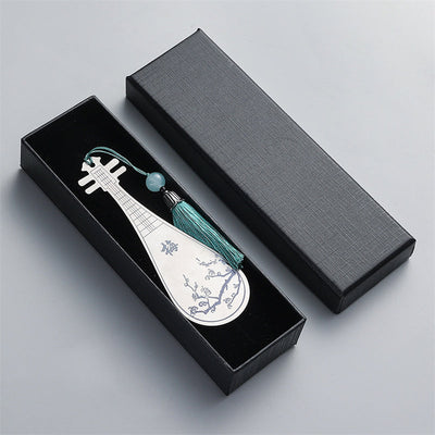Buddha Stones Classical Musical Instruments Pipa Guzheng Guqin Ruan Metal Bookmarks Tassel With Gift Box Bookmarks BS Silver Pipa-Gift Box