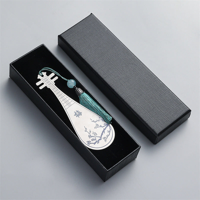 Buddha Stones Classical Musical Instruments Pipa Guzheng Guqin Ruan Metal Bookmarks Tassel With Gift Box Bookmarks BS Silver Pipa-Gift Box