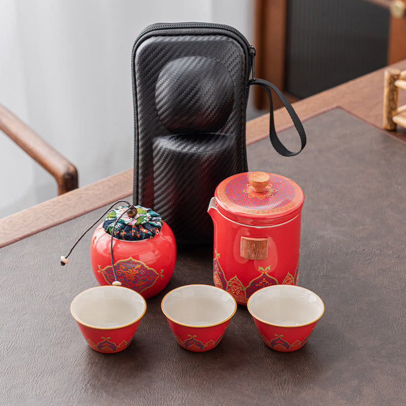 Buddha Stones Flower Chinese Gongfu Ceramic Teapot Portable Outdoor Travel Tea Set Bag Teapot BS Red 1 Teapot+3 Cups+1 Bag+1 Tea Can